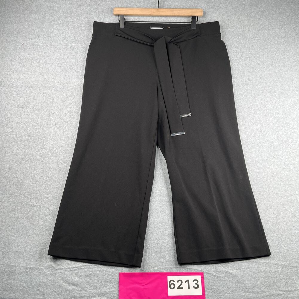 Calvin Klein Wide Leg Casual Pants Womens XL Black Crop Classic Stretch Belt Tie